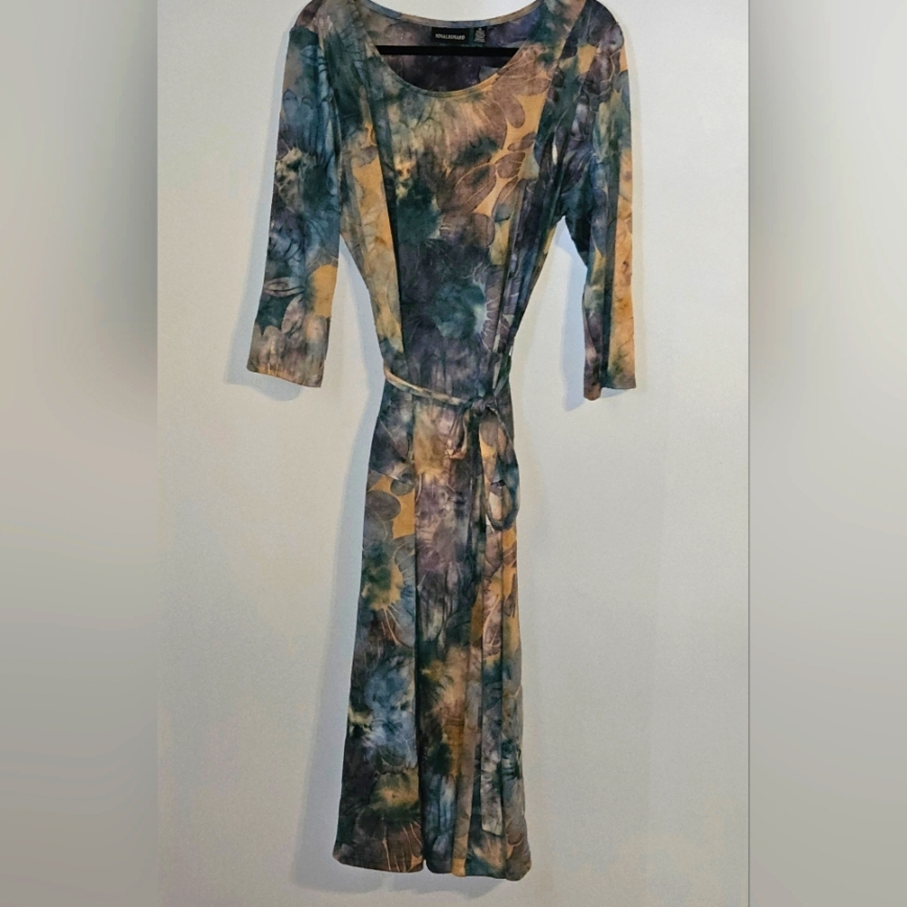 NINA LEONARD Midi Abstract Print Dress With 3/4 Sleeve A-Line, Tie Belt, Size XL